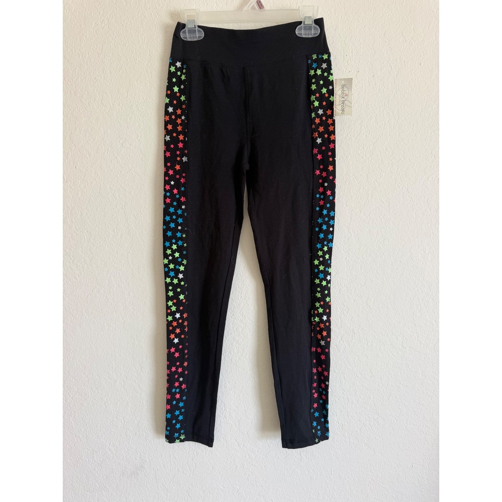 Bobbie Brooks Girls Black Leggings Rainbow Star Side Stripe M 7/8 NWT